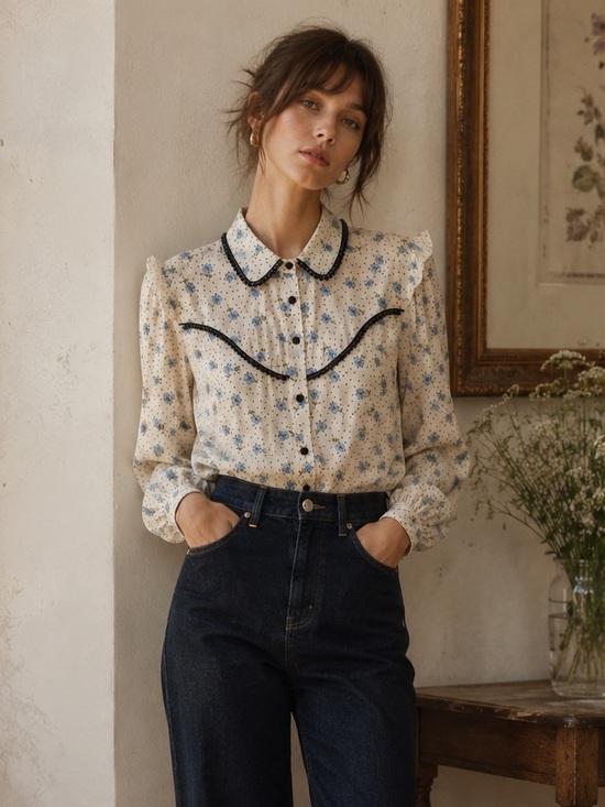 Topshop Tops - Topshop Floral Polka Dot Beaded Trim Blouse | Peter Pan Collar | Size 8